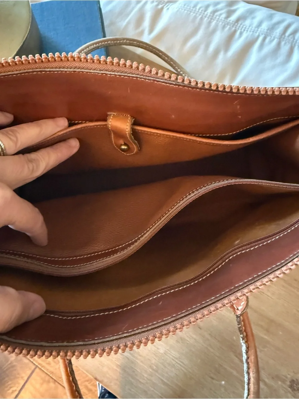 Leather-Trim Cream Tote Bag with Brown Accents